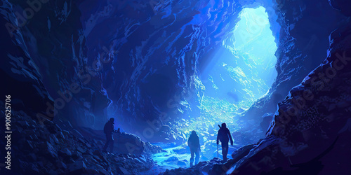 Dark Cave Depths: Explorers disappearing into the darkness, adventure beckoning