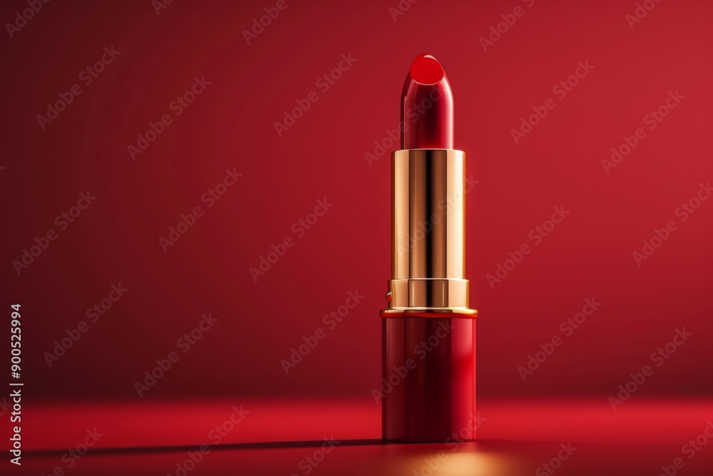 A classic red lipstick in a gold case, set against a rich red background. A classic red lipstick in a gold case, set against a rich red background.