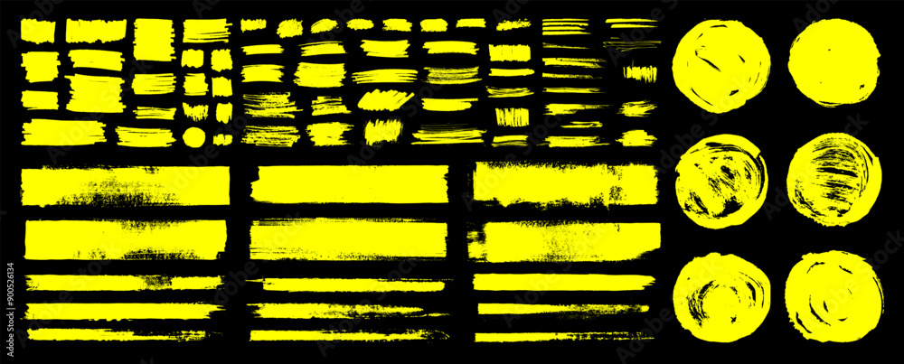 Straight marker line vector strokes. Yellow hand drawn stripes, circles. Text highlighter pen marker, brush, underlines strokes. Rough grunge thick paint line texture. Vector grungy sketch text boxes