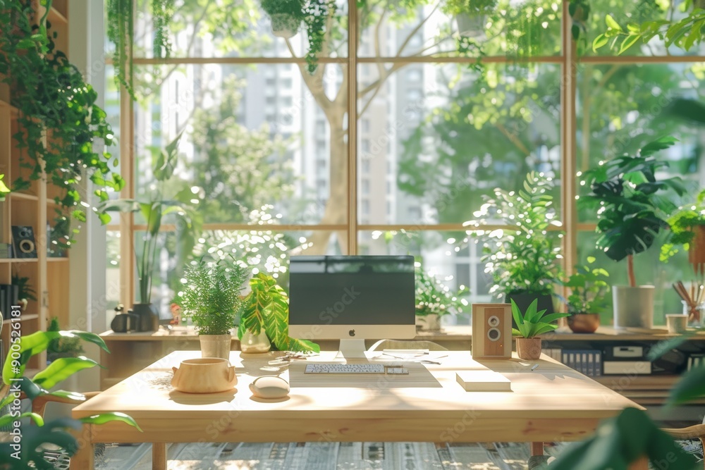 A bright and inviting office space filled with various indoor plants and natural light. A bright and inviting office space filled with various indoor plants and natural light.