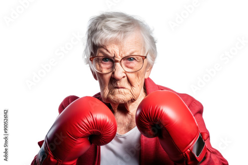 Angry old woman in red boxing gloves on a transparent background photo