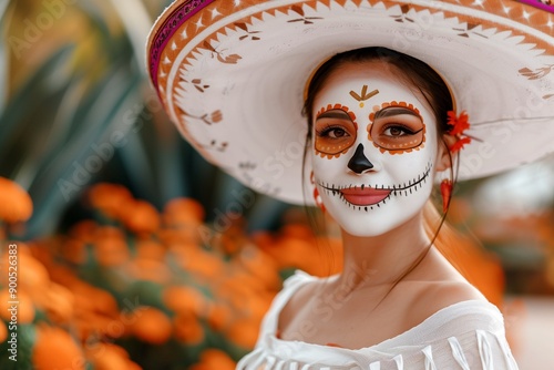 Woman with skull face design. Carnival make up. Katrina. Symbol of Day of the Dead. Celebration of Remembrance Day. Dia de muretos. photo