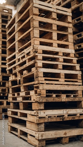 Stacked wooden pallets awaiting use in a warehouse