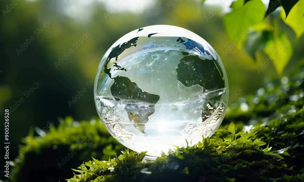 Glass Globe on Moss: A glass globe, etched with continents, rests on a bed of lush green moss, symbolizing the delicate balance of our planet and the importance of sustainability. Glass Globe on Moss: A glass globe, etched with continents, rests on a bed of lush green moss, symbolizing the delicate balance of our planet and the importance of sustainability.