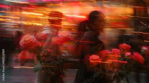 Photography, Chinese travelers, romantic Valentine's Day travel, roses, motion blur,