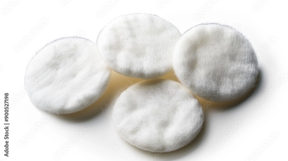 A collection of white wool pads sit on a clean, white surface A collection of white wool pads sit on a clean, white surface