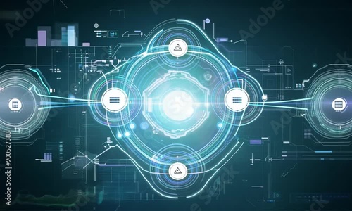 Cybersecurity Network Hub: Abstract digital illustration of a futuristic network hub with glowing blue lights and warning symbols, representing the core of a secure system.  