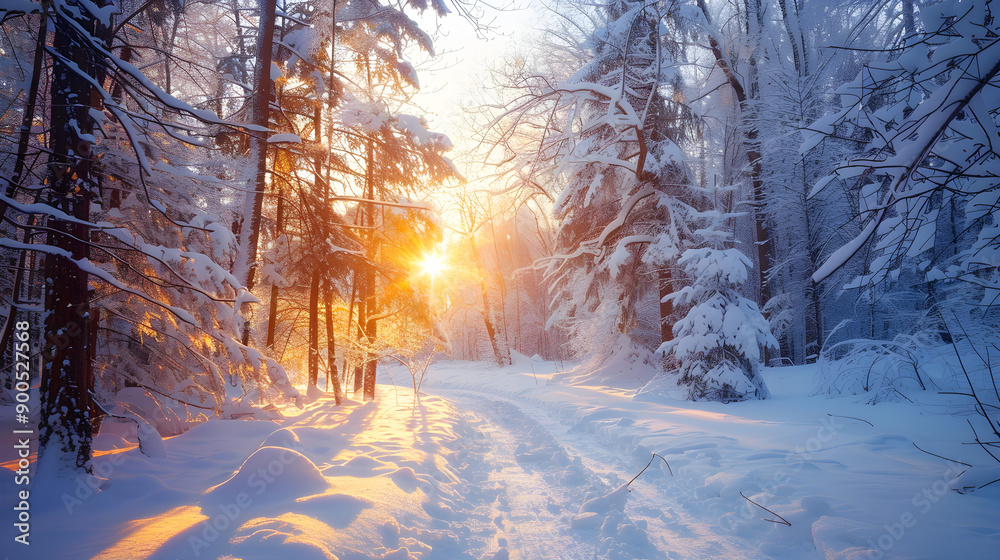 Serene winter scene, snow-covered forest with tall trees creating a peaceful and tranquil atmosphere.
