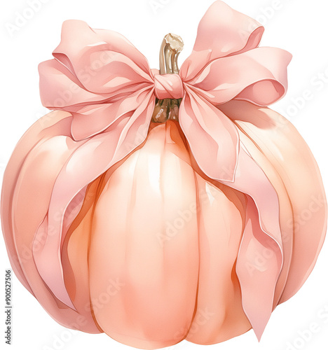 Watercolor Pumpkin With Pink Bow. Generative AI.