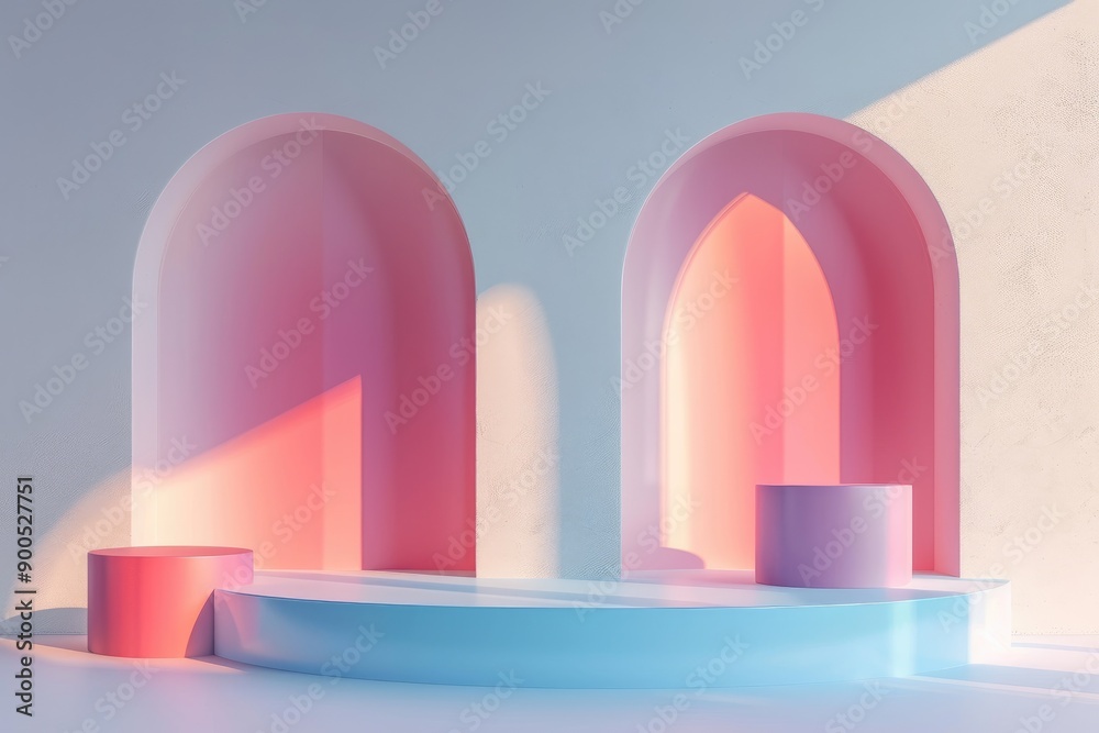Stylish Abstract Pastel Color Background Featuring Circular and Cylindrical Podiums in a Modern Exhibition Space Stylish Abstract Pastel Color Background Featuring Circular and Cylindrical Podiums in a Modern Exhibition Space
