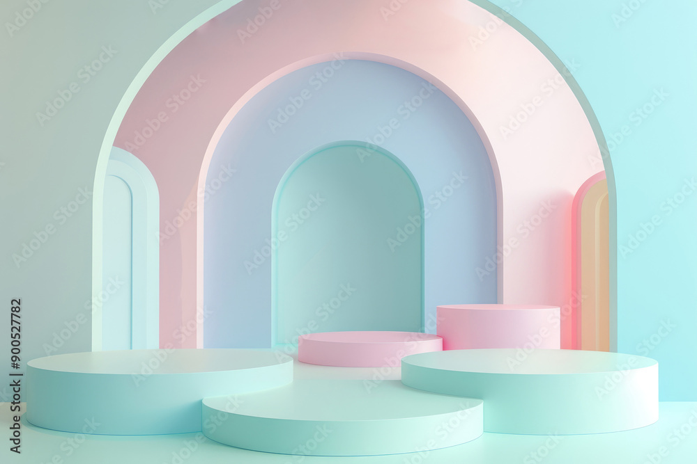 Stylish Abstract Pastel Color Background Featuring Circular and Cylindrical Podiums in a Modern Exhibition Space Stylish Abstract Pastel Color Background Featuring Circular and Cylindrical Podiums in a Modern Exhibition Space