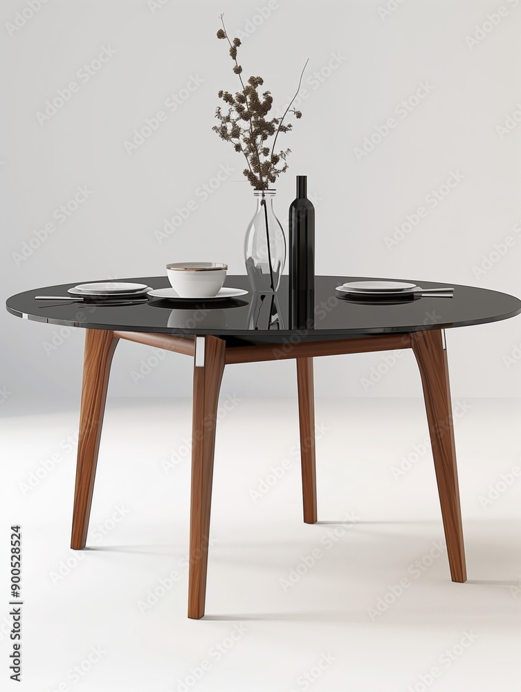 Fototapeta premium Elegant Contemporary Table with Black Mirror Top and Wooden Legs in Luxurious Setting - High-Resolution Photorealistic Rendering