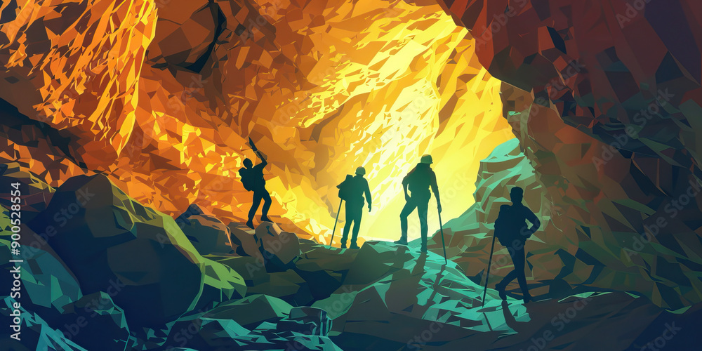 Naklejka premium Hidden Cave Treasures: Explorers finding ancient artifacts and treasures buried in a cave.