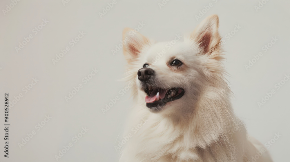 White Fluffy Dog with Tongue Out Against Neutral Background