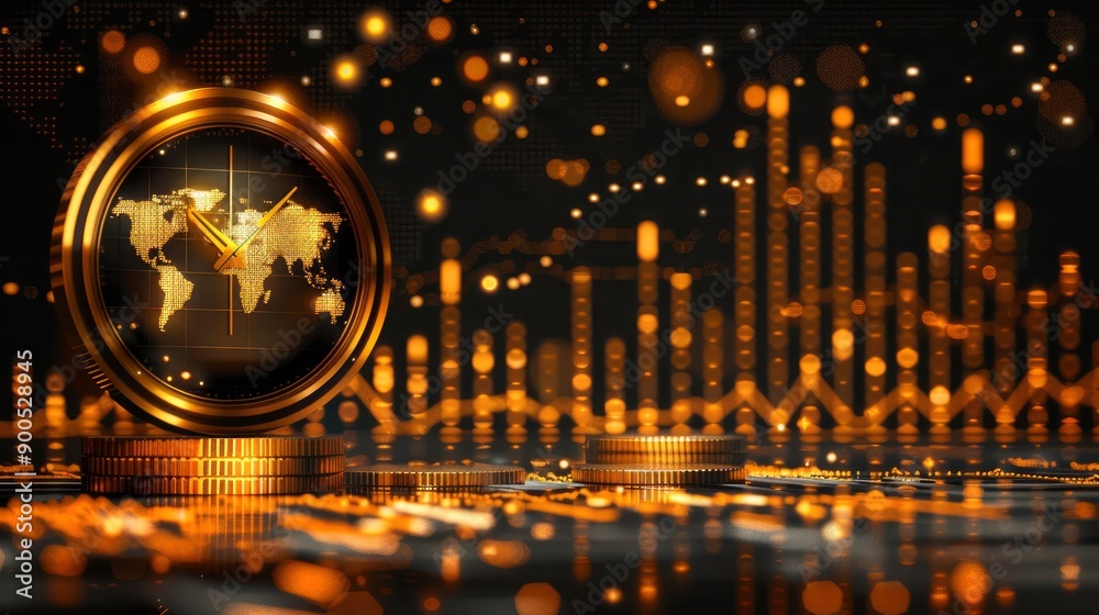 Global Time and Finance Clock with Gold Coins and Charts Global Time and Finance Clock with Gold Coins and Charts