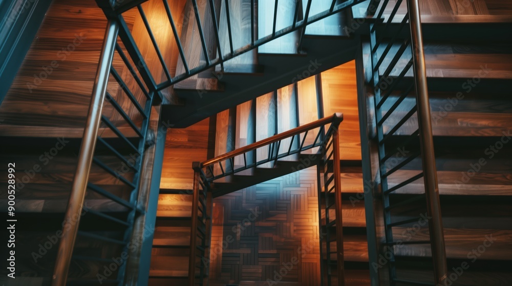 Contemporary Elegance: Dark Wooden Staircase with Black Metal Railing in Stylish Interior Setting Contemporary Elegance: Dark Wooden Staircase with Black Metal Railing in Stylish Interior Setting