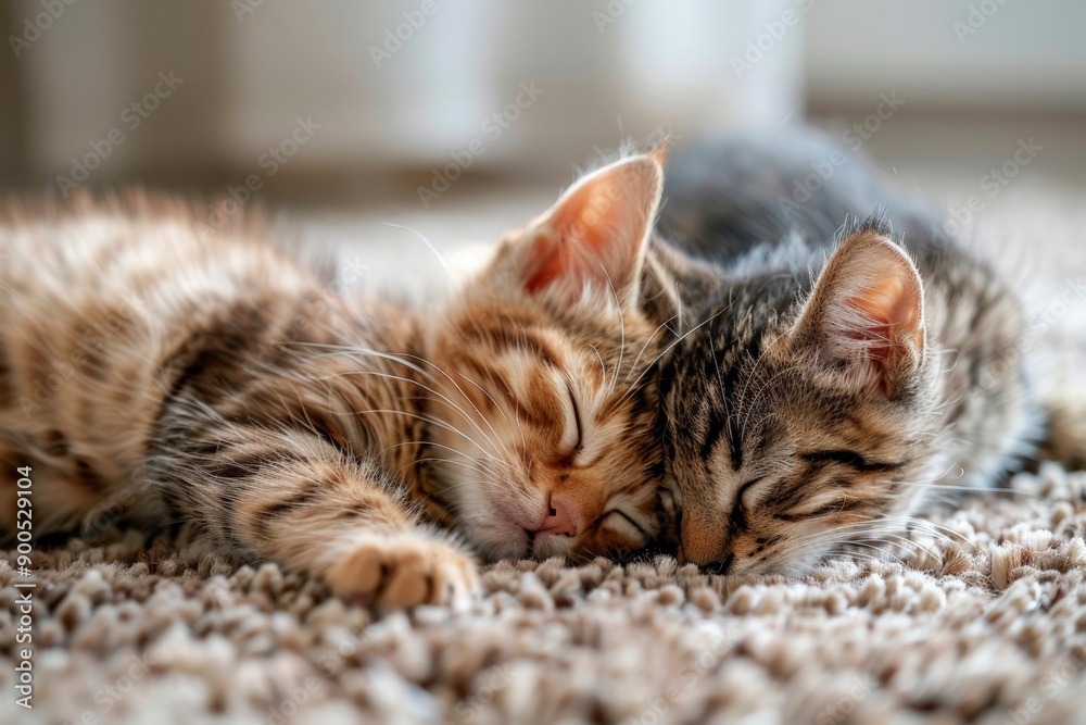 Obraz premium Two adorable kittens sleeping peacefully on a soft carpet.