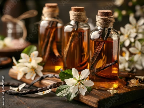 Bottles of concentrated vanilla extract with fresh vanilla beans and flowers, black background, spice extract, essence of flavor photo