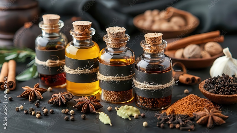 Spice extract bottles with labels and fresh spices like cloves, nutmeg ...