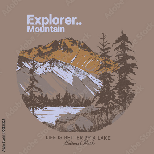 explorer mountain print design, hand drawn water color vintage rocky mountain, adventure outdoors national park, autumn winter t-shirt print design