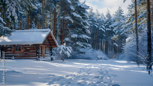 Cozy log cabin nestled in snowy forest, surrounded by tall trees, under clear blue sky. photo