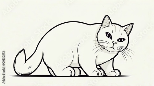 Line drawing illustration of a cute and fat cat