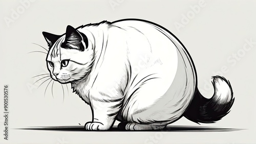 Line drawing illustration of a cute and fat cat