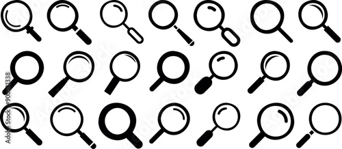 Magnifying glasses in black. Ideal magnifier icon set for search, investigation, research, detective work, and exploration visuals. Perfect for highlighting details and precision