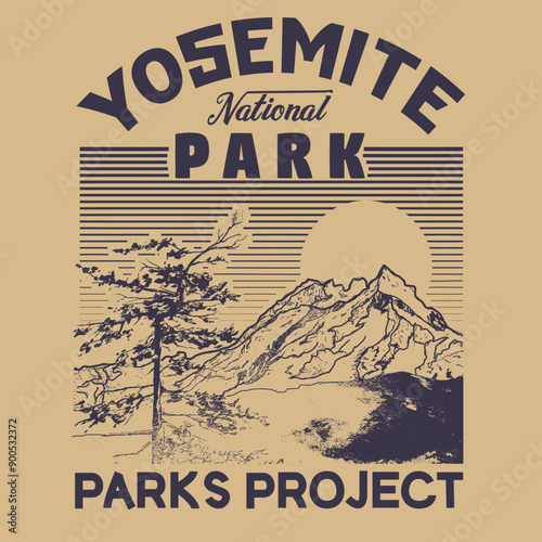 Yosemite national park mountain print design, Mountain with tree vintage print design. Mountain with sunset . Go outside vector print design.