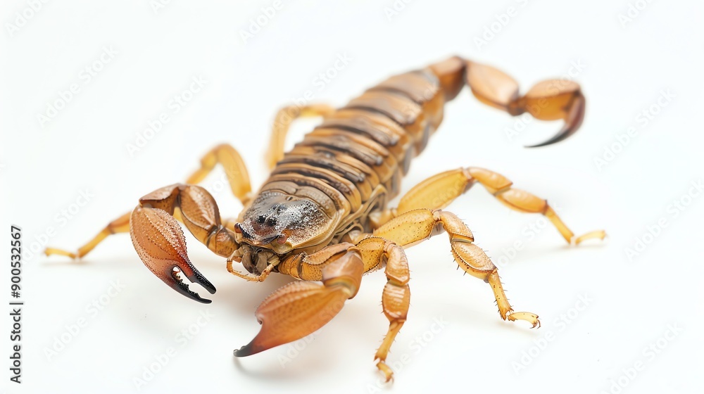 This image shows a studio shot of a light brown scorpion isolated on a white background. This image shows a studio shot of a light brown scorpion isolated on a white background.