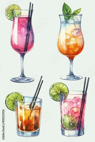 set with cocktails in watercolor style. Cocktails with fruits and berries