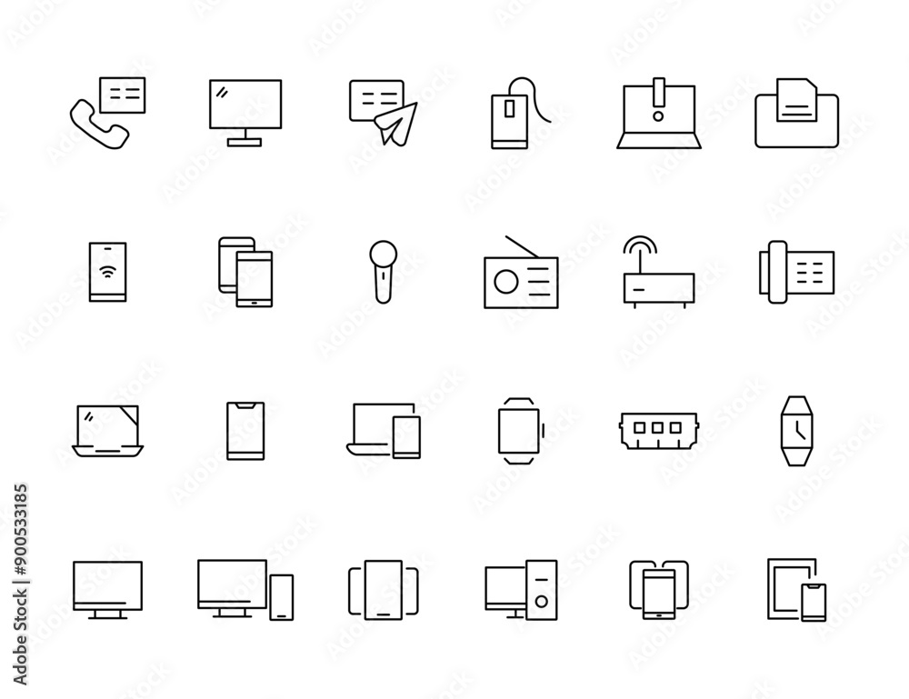Device and technology line icon set. Electronic devices and gadgets, computer, equipment and electronics. Computer monitor, smartphone, tablet and laptop simple icon collections Device and technology line icon set. Electronic devices and gadgets, computer, equipment and electronics. Computer monitor, smartphone, tablet and laptop simple icon collections