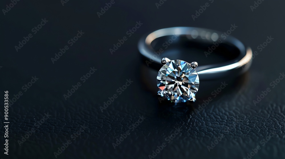 Close-up of a beautiful diamond ring on a black background. The ring is made of white gold and has a round diamond in the center. Close-up of a beautiful diamond ring on a black background. The ring is made of white gold and has a round diamond in the center.