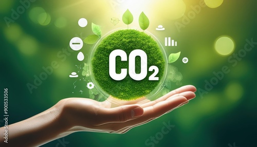 Reduce CO2 emission concept. A hand holds a green CO2 emissions symbol, representing carbon footprint awareness, net zero, and carbon neutrality. Climate change, Global warming, Greenhouse gas,