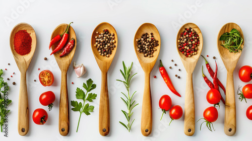 Wooden spoons filled with various spices and fresh herbs arranged on a white background, showcasing culinary ingredients for cooking. 