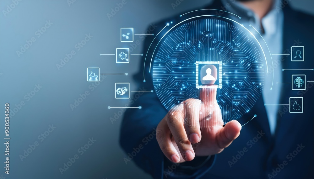 Chat with AI or Artificial Intelligence technology. Man touching chatting virtual with an intelligent artificial intelligence asks for answers he wants. Smart assistant futuristic, Chatbot, ChatGPT Chat with AI or Artificial Intelligence technology. Man touching chatting virtual with an intelligent artificial intelligence asks for answers he wants. Smart assistant futuristic, Chatbot, ChatGPT