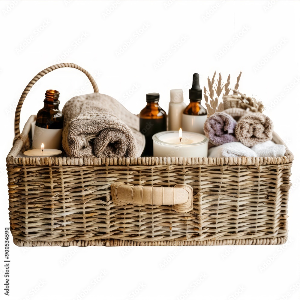 Obraz premium Medium shot of a a A spa basket with towels, candles and essential oils, isolated on a solid white background, bright and vivid tonality, in the style of product photography.