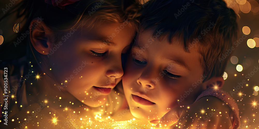 A pair of young siblings share a moment of connection, their faces lit up in awe at the sparkling stars above them A pair of young siblings share a moment of connection, their faces lit up in awe at the sparkling stars above them