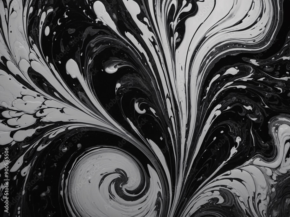 Stunning black and white swirls with white particles, ideal for elegant acrylic pour backgrounds