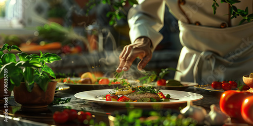 A chef expertly prepares a gourmet meal, meticulously arranging each dish on the table, ready to be savored