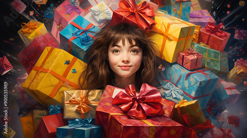 Joyful Girl Surrounded by Colorful Gifts