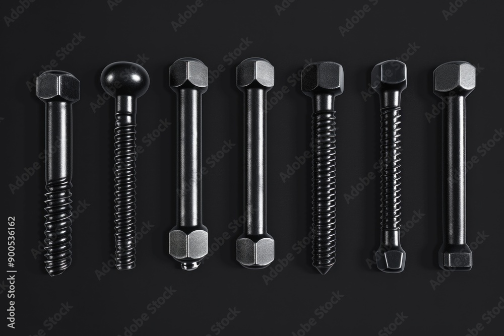 A collection of screws and nuts arranged on a dark, matte finish surface A collection of screws and nuts arranged on a dark, matte finish surface