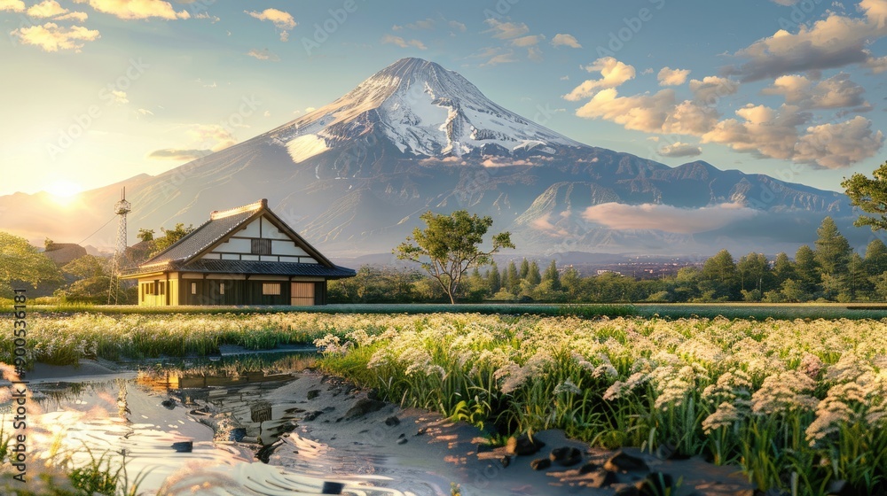 Beautiful 3D scene of a house in the middle of a rice field, with Mount ...