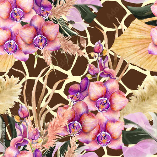 Vintage colors seamless tropical pattern with colorful garden flowers and orchids background. Seamless exotic pattern with tropical plants photo