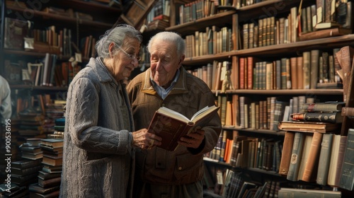 A photograph of an elderly couple visiting a quaint bookshop, browsing through shelves of old books photo