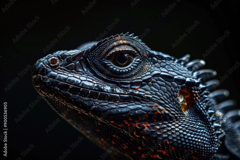 Fototapeta premium A close-up shot of a lizard's face on a dark background