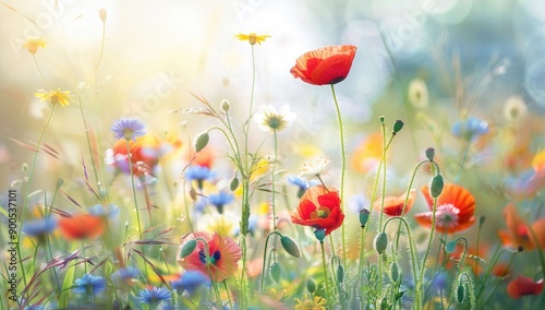 Vibrant Summer Meadow Filled With Colorful Wild Flowers Under Bright Sunshine