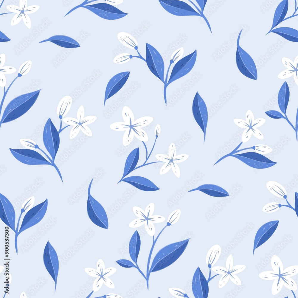Seamless pattern with blue leaves and white flowers. Print for wallpaper, cards, fabric, wrapping paper, backgrounds, textures Seamless pattern with blue leaves and white flowers. Print for wallpaper, cards, fabric, wrapping paper, backgrounds, textures
