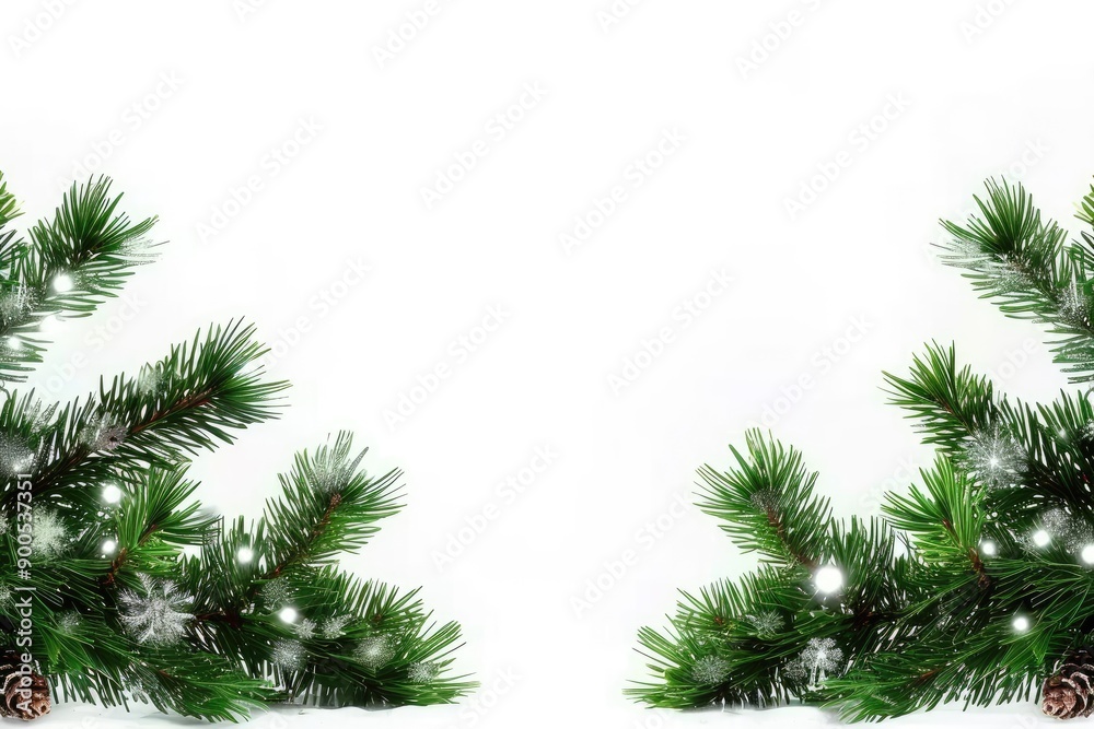 Border of Isolated Green Christmas Tree Branches With Pine Cones and Snowflakes Surrounding a Blank White Space Border of Isolated Green Christmas Tree Branches With Pine Cones and Snowflakes Surrounding a Blank White Space