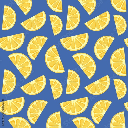 Seamless pattern with lemons and blue background. Print for wallpaper, cards, fabric, wrapping paper, backgrounds, textures